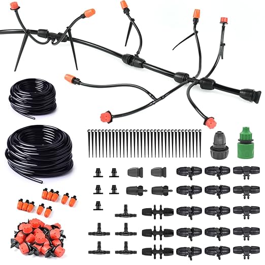 Adjustable Drip Irrigation System for Garden,Lawn Patio, Raised Beds - Automatic Irrigation Kits and Drip Emitters with 1/2" and 1/4" Irrigation Tubing (49FT + 49FT)