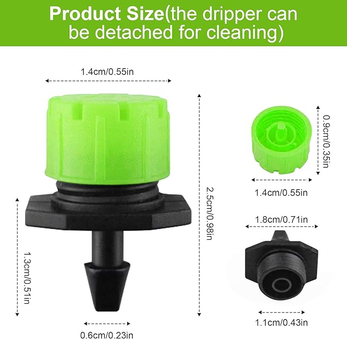 Kalolary 200Pcs Adjustable Irrigation Drippers, 1/4 Inch Barbed Drip Emitter 360 Degree Watering Sprinklers Anti-Clogging Drippers for 4mm/7mm Garden Watering System（Green）