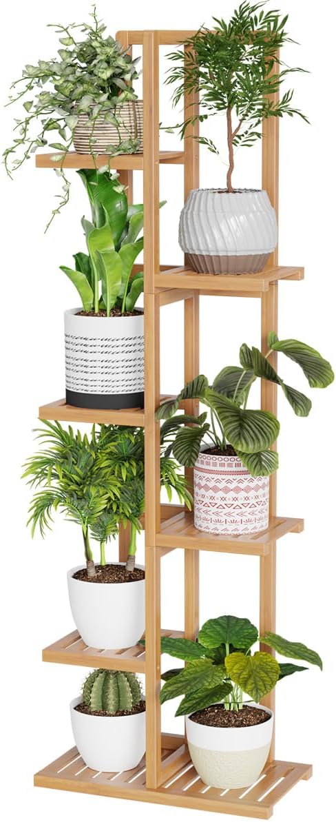 H HOMEXIN Bamboo Plant Stand Rack - Indoor & Outdoor Plant Stand 6 Tier 7 Potted Multiple Flower Planter Pot Holder Shelf Rack Display for Patio Garden Corner Balcony Living Room