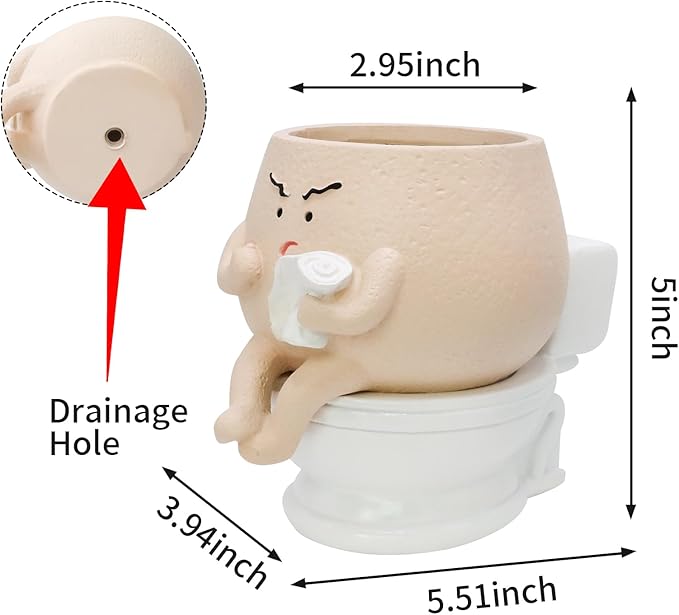 Frowning Planter Pots for Indoor Plants Cute Resin Flower Head Planters, Sit Toilet Succulent Pots with Drainage Hole Unique Closestool Planter - Gift IdeaI for Birthday and Christmas