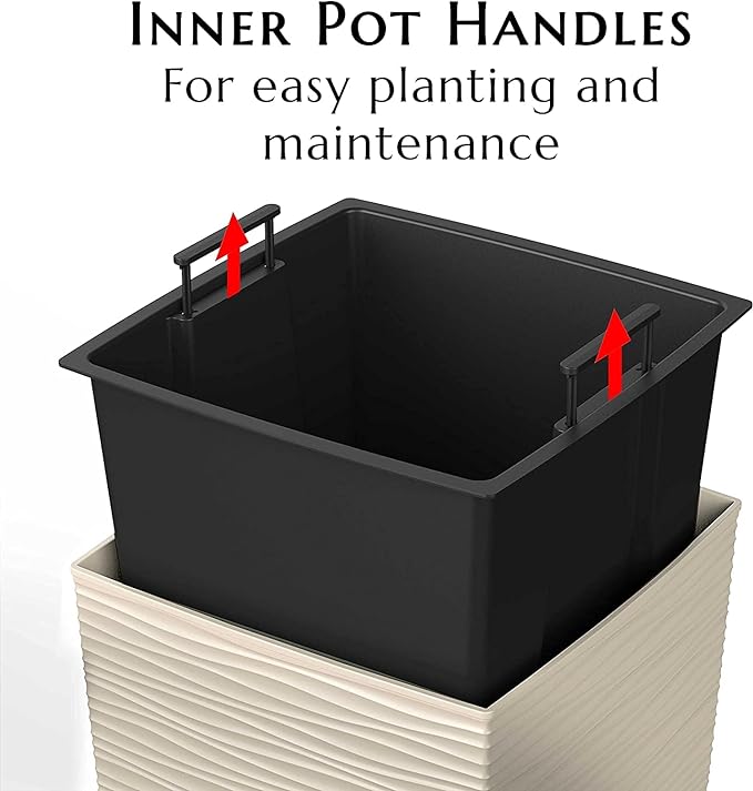 Mueller M-Resin Heavy Duty Tall Planter, Indoor/Outdoor Grande Plant, Tree, Flower Pot, 2-Piece Set, 27.5”, Modern Design, Built-in Drainage, Beige