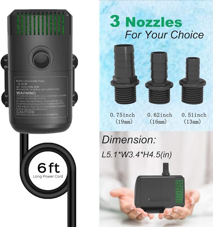 Submersible Pump 880GPH (3500L/H 60W) Ultra Quiet with Dry Burning Protection 10.2ft High Lift for Fountains, Hydroponics, Ponds, Aquariums & More…