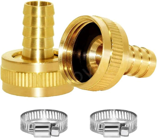 Joywayus 5/8" Barb x 3/4" Female GHT Thread Swivel Brass Garden Water Hose Pipe Connector Copper Fitting with Stainless Clamps House/Boat/Lawn/Power Wash/Irrigation (Pack of 2)