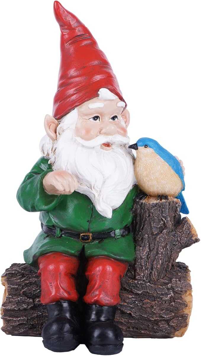 Garden Gnome Statues with Bird Resin Sculpture Gnome Sitting on The Stump Outdoor Statues for Outdoor Garden Decor
