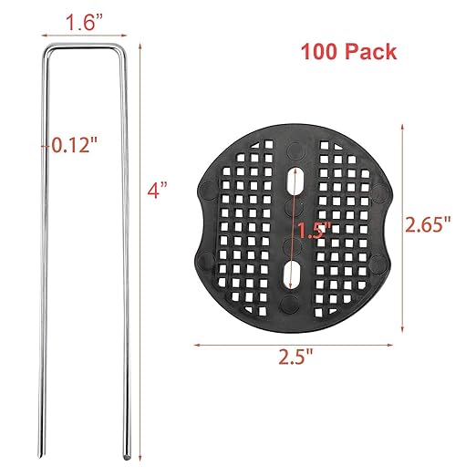 Finderomend 100 Pack Landscape Staples and 100 Pack Gaskets,11 Gauge 4" Galvanized Steel Garden Staples with Black Pads,Landscape Pins Turf Staples for Securing Weed Barrier Fabric Artificial Grass