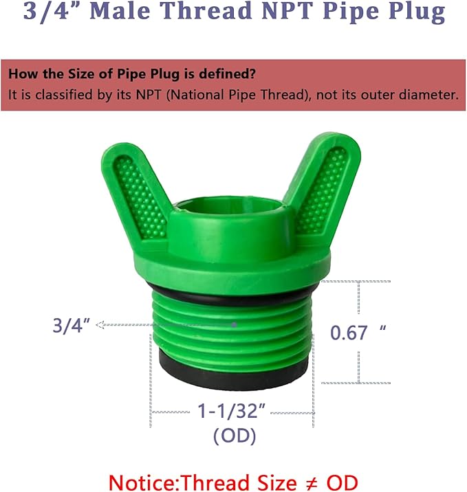 3/4” PT Pipe Plug, PPR Male Pipe Thread Plugs and Caps Garden Irrigation Tubing Stopper Drain Plug, 1 Inch ID, Green