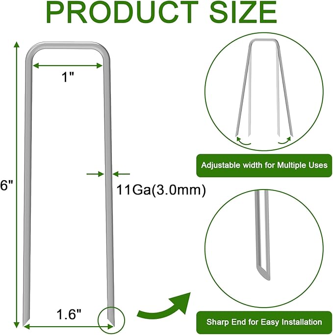 AAGUT 100 Pack 6 Inch Landscape Staples 11 Gauge Garden Staples, Galvanized Heavy Duty U-Shaped Sod Pins,Yard Ground Lawn Fence Stakes for Weed Barrier Fabric Irrigation Tubing