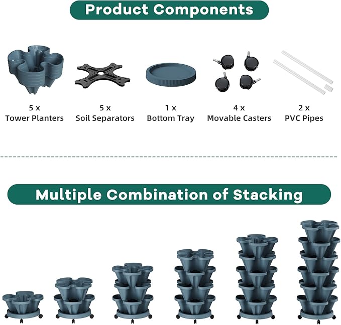 Strawberry Vertical Planters Tower Garden, 5 Tiered Stacking Planter with Support Pole, Stackable Herb Vegetable Planters Indoor and Outdoor - Dark Grey