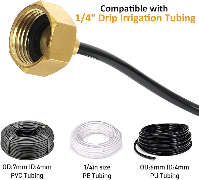 STYDDI 4 Pack 1/4 Inch Drip Irrigation Tubing To Faucet/Garden Hose Adapter, Solid Brass 3/4" FHT To 1/4" Drip Irrigation Tube Adapter, Convert Garden Hose Thread To 1/4" Drip Tubing Connectors