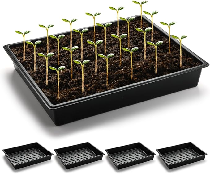 Seed Starter Tray, 5 Packs Plant Tray, Durable Plastic Growing Trays, Stackable Seedling Starter Trays Perfect for Indoor, Outdoor, Greenhouses, 16.5" L x 13.2" W x 2.8" H - Black