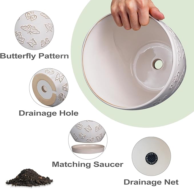 Ceramic Planter Pot - 6 Inch Plant Pot with Drainage Hole and Saucer, Succulent Round Flower Pot for Plants Indoor Outdoor, White