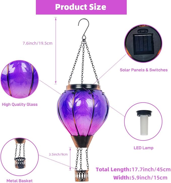 Starsoul Purple Hot Air Balloon Solar Lantern with Flickering Flame Light Glass Solar Powered Hot Air Balloon Lamp Waterproof Hanging Hot Air Balloon Led Lights
