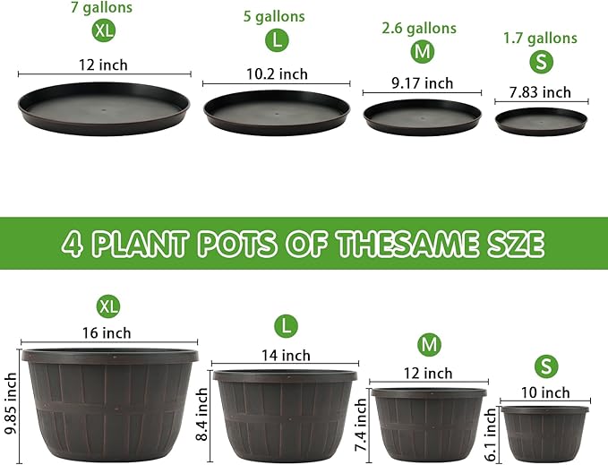 Quarut Plant Planters Pots Set of 4 Pack 16 Inch，Large Plastic Flower Pot for Indoor Plants with Drainage Holes & Trays, Whiskey Barrel Planters with Saucer for House Outdoor Garden Plant（Brown）