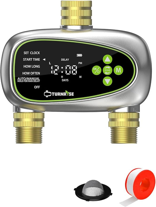 2 Zone Sprinkler Timer with Brass Inlet and Outlet - Water Timer for Garden Hose with Rain Delay/Manual Watering/Automatic Drip Irrigation Controller System for Garden Watering
