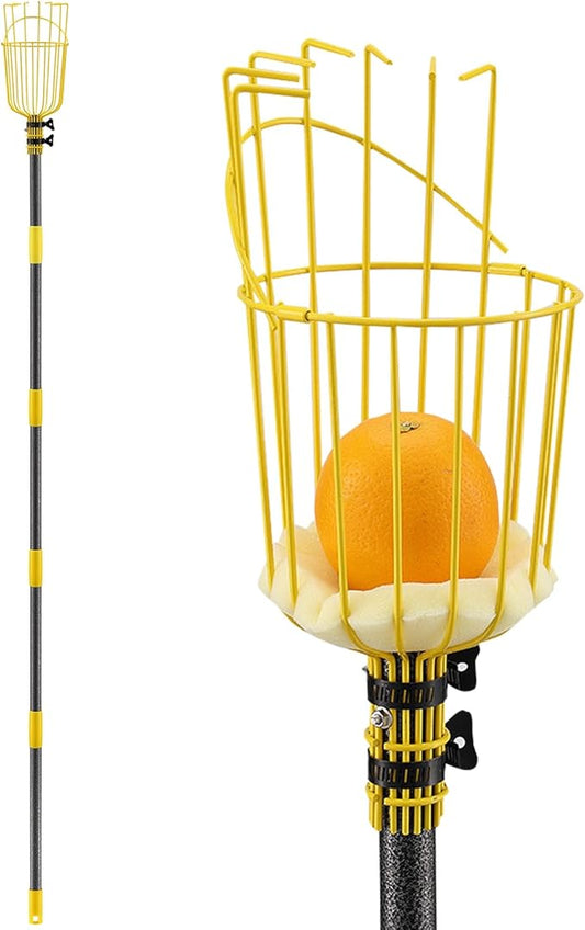 Fruit Picker Pole with Basket Telescopic Pole, 8ft Extendable Fruit Catcher Picking Pole Garden Tools for Picking Fruit from High Apple Cherry Orange Mango Fig Lemon Avocado Fruit Trees