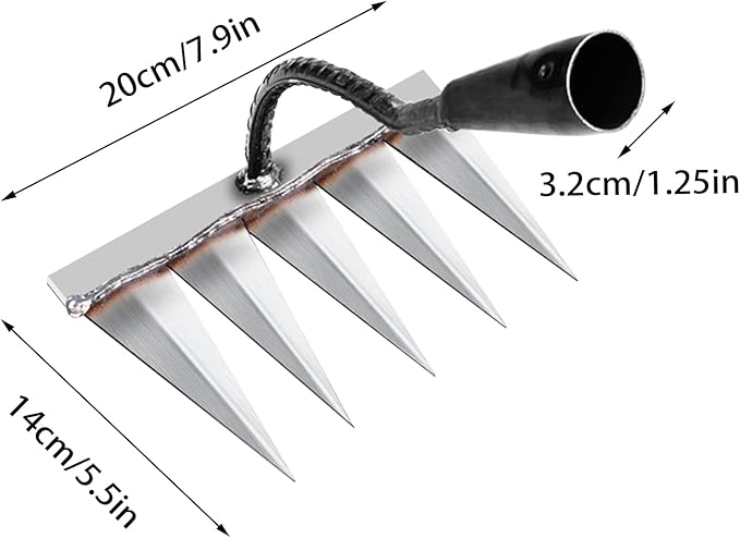 Iron Rake for Gardening and Weeding - Heavy Duty Garden Tool, Carbon Steel Hand Rake for Sturdy Dethatching, Heavy Duty Rake 5 Toothed Steel (Without Stick)