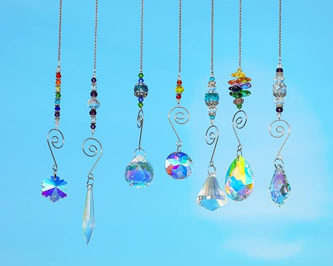 7PCS Crystal SunCatchers Hanging Sun Catcher with Colorful Beads Prism Chain Pendant Christmas Ornament, Window Home Wall Tree Cars Hanging Decoration