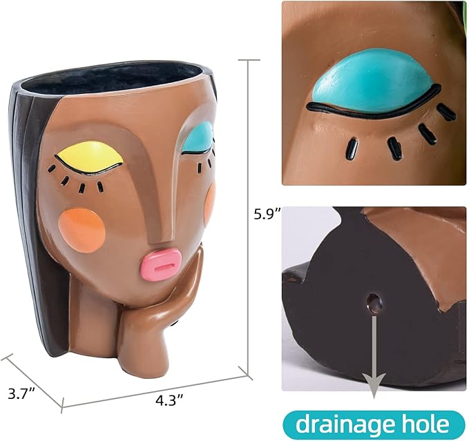 Face Planter Pots for Indoor Plants, Resin Head Planter Succulent Planter Flower Planter Cute Girl Head Pots with Drainage Hole - Painted Thinking Girl Closed Eyes