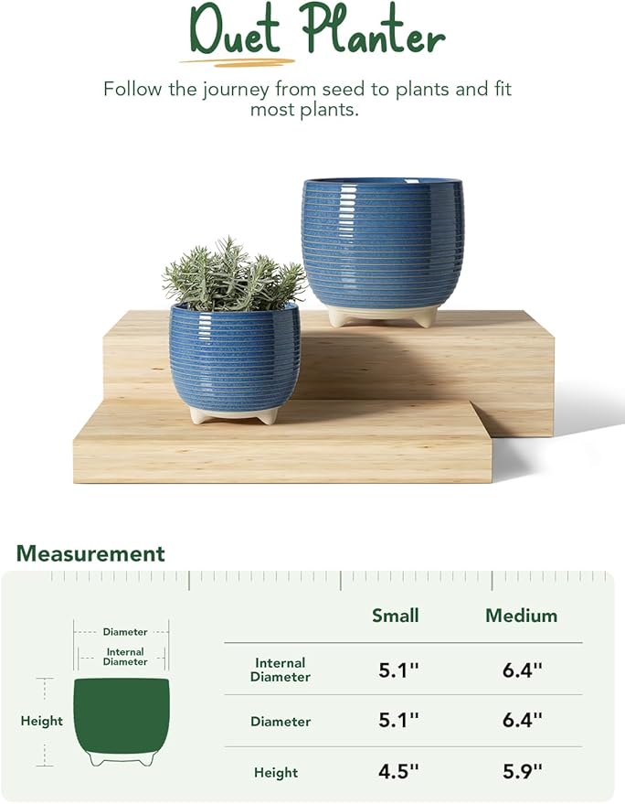 LE TAUCI Ceramic Plant Pots, 5.1 + 6.4 Inch Footed Pots for Plants, Modern Flower Pots for Home and Office, Indoor Planters with Drainage, Reactive Glaze Blue