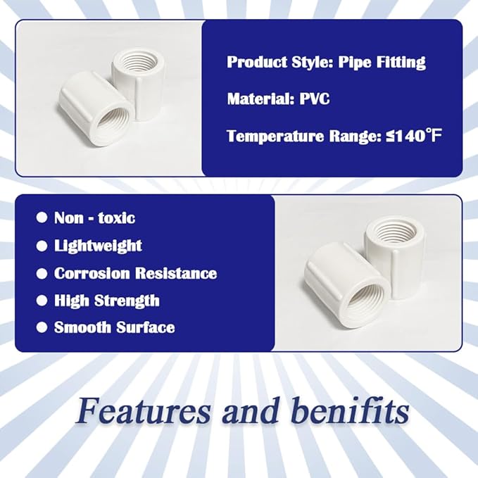 9PCS 1 Inch Double Female Threaded White PVC Adapter Fittings Female to Female Thread Coupling Pipe Fitting Connector for Garden Works HE025-1