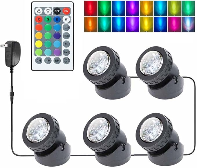 Fountain Lights with Timer, Underwater LED RGB Colored IP68 Waterproof Adjustable Submersible Pond Lights for Fish Pond Garden Lawn Yard Waterfall, 5 Lights in Set