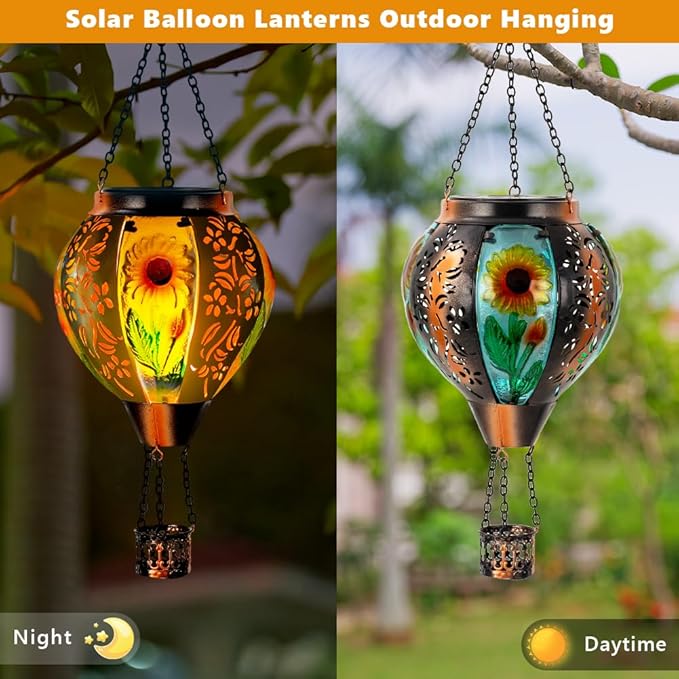 Starsoul Sunflowers Hot Air Balloon Solar Lantern Metal & Glass Solar Hot Air Balloon Hanging Garden Light Waterproof Outdoor Lantern for Patio Yard Party Decorations