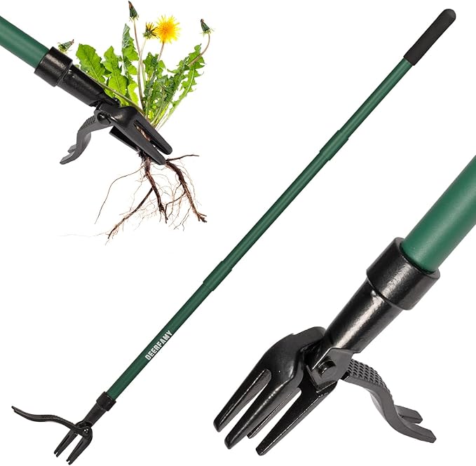 DEERFAMY Stand Up Weed Puller Tool with Long Handle, Garden Weeder Tool with 4-Claw Steel Head Design, Manual Weeder with 3-Metal Structure, Effortless Weeding Without Bending, for Dandelions, Green