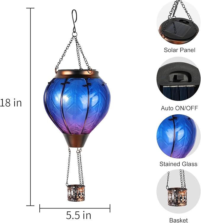 Hot Air Balloon Solar Lantern with Flickering Flame Hanging Solar Lights Outdoor Waterproof Lanterns for Garden Patio Yard Party Decoration Blue&Pink