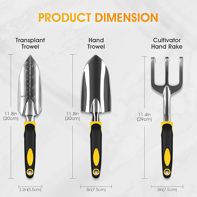iPower 3Pcs Garden Tool Set, Heavy Duty Aluminum Gardening Kit Includes Hand Trowel, Transplant Trowel and Cultivator Hand Rake, Ergonomic Rubberized Non-Slip Handle