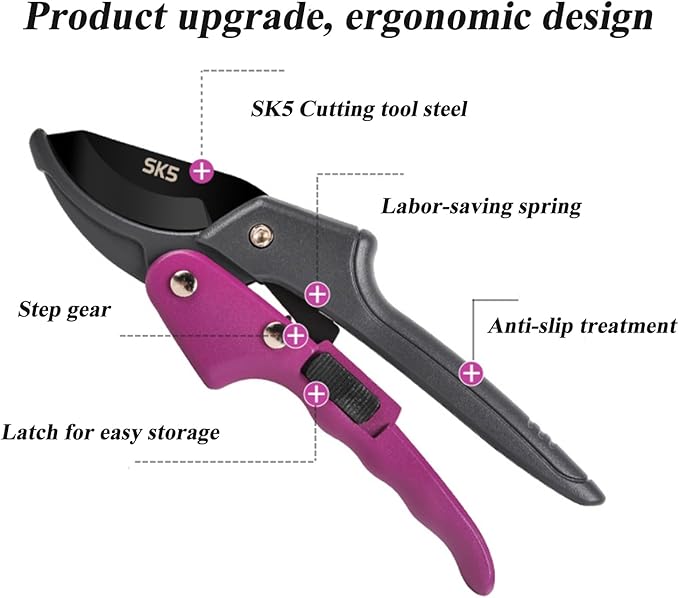 Premium 8 inch garden clippers, 3 Times Easy to Work, Arthritis Weak Hand Snips (Pulley lever -pruners- Purple)