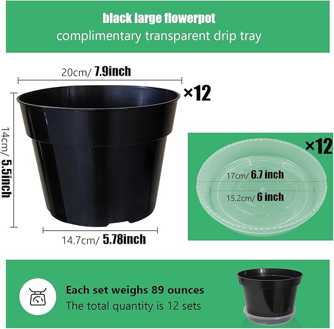 12 Pack Plant Pots, 8 Inch Plant Planter with Clear Saucer, Plastic Pots for Plants Indoor and Out Door Such as Strawberry, Herb and Flowers (Black)