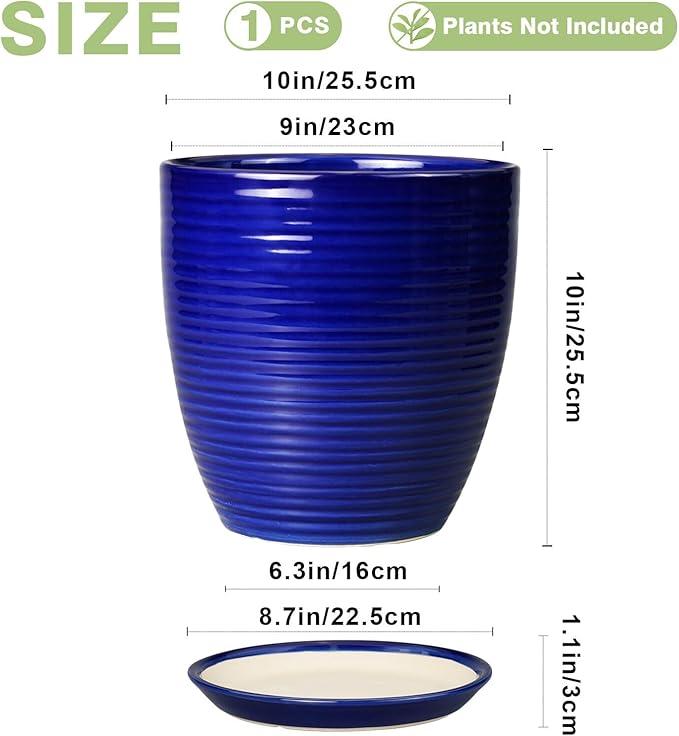 Ceramic Planter Pot - 10 Inch Plant Pot Indoor with Drainage Hole and Saucer Round Planter Large Modern Decorative Flower Pot Outdoor Garden Pot Blue
