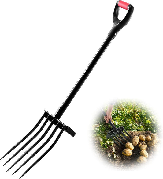 VEVOR Garden Fork, 5-Tine Gardening Pitchfork with Metal Handle, 41 in Heavy Duty Digging Fork with Y Grip, Forged Steel Spading Fork for Hay Potato Composting Transplanting Aeration