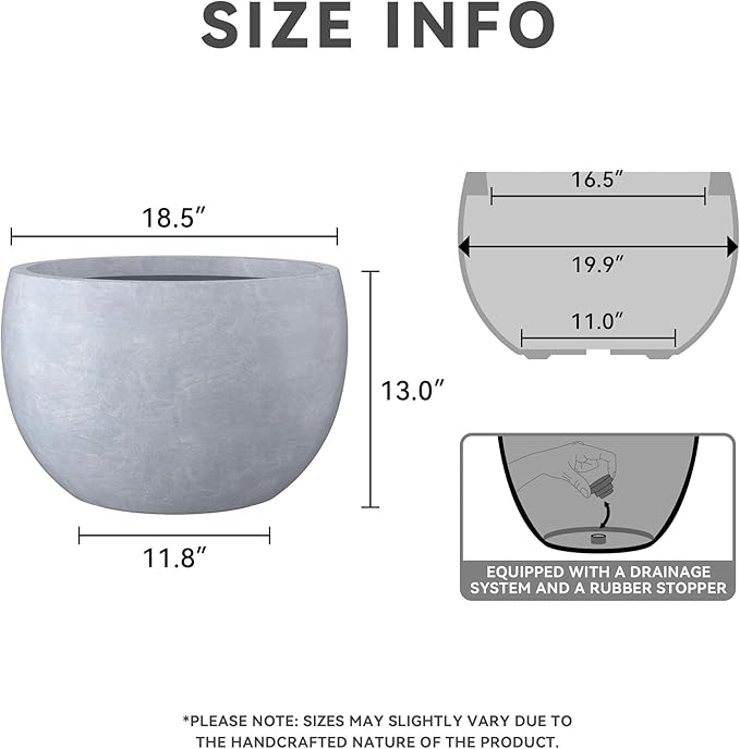 Kante 19.9" Dia Round Concrete Planter, Outdoor/Indoor Large Bowl Plant Pots with Drainage Hole and Rubber Plug for Garden Patio Balcony Home, Gray