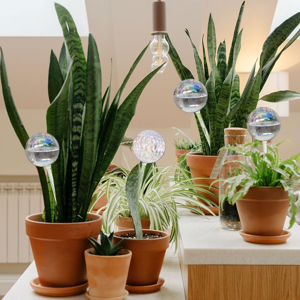 Glass Plant Watering Globes, Water Plants While Away Slow Self Watering Planter Insert Bulbs for Outdoor Indoor Plants, Vacation Plant Watering System Devices (Iridescent Medium 3-Pack)