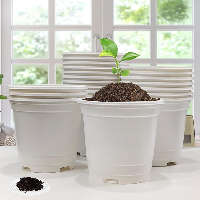 10CM White Seedling Pots 4 inch New Material Planter Pots 50 Pcs, Soft and Sturdy Bottom Transplanting Pots with 50Pcs Screen Pads（50Pcs,4Inch,White