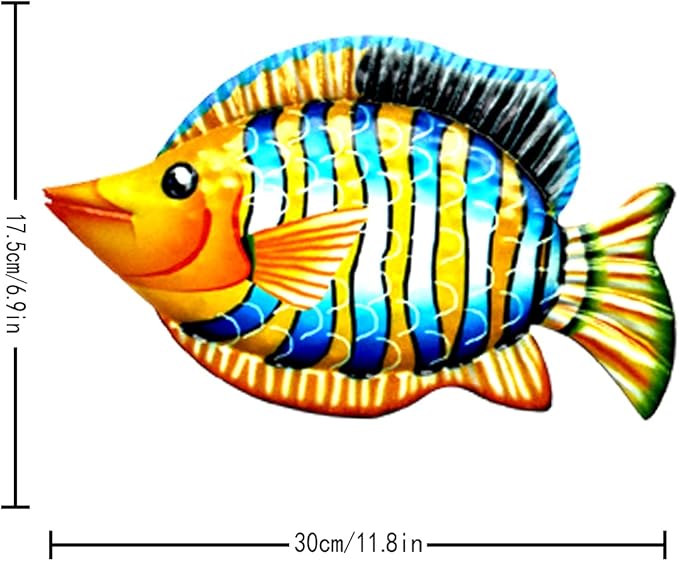 HHgrowe 11.8 Inches Hand-Painted Metal Fish Art Wall Decor Coastal Ocean Sea Hanging Decorations Garden Pool Decor Set of 4 Colorful Outdoor or Indoor Wall Sculptures …