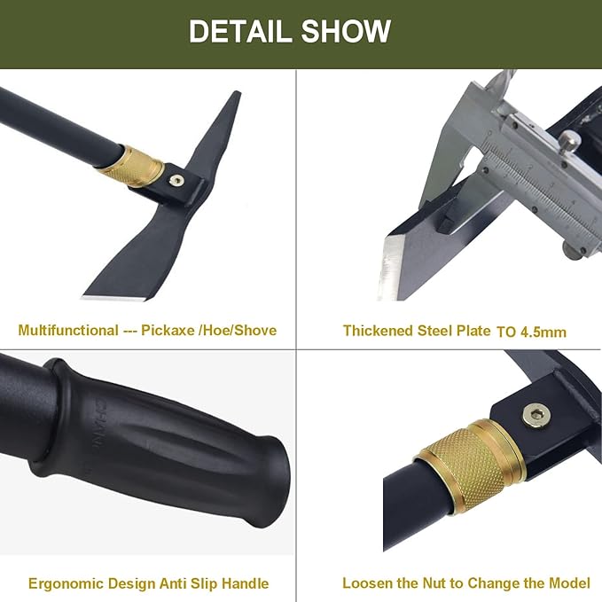 Folding Pickaxe Hoe for Digging, Multi-Function Detachable, Garden Hoe Long Handle with Two Extension rods, Great for Loosing Soil, Camping Shovel for Outdoors