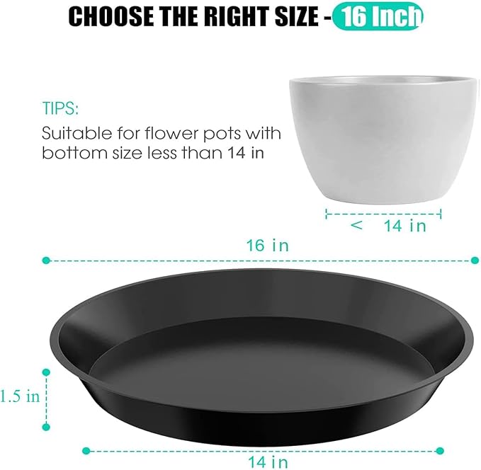 6 Pack Plant Saucer 12 14 16 18 20 22 Inch Plastic Plant Tray, Sturdy and Durable Flower Pot Container Accessories Plant Pot Saucers for Indoor and Outdoor (16 Inch, Black)
