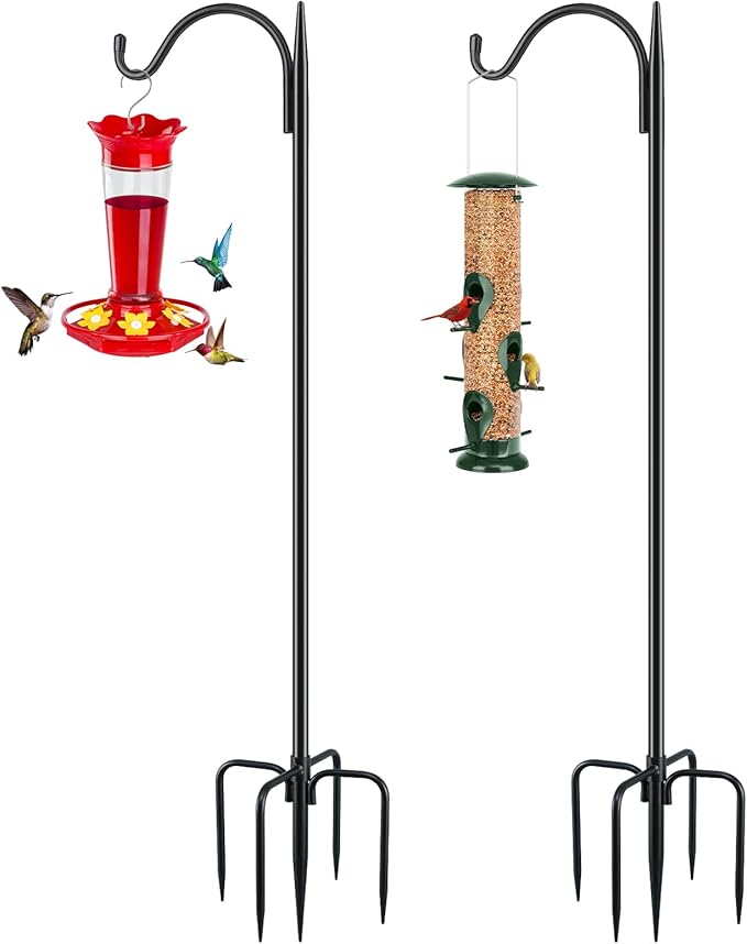FEED GARDEN Short Shepherds Hooks for Outdoor, 48 Inch Bird Feeder Pole with 5 Prongs Base, Heavy Duty Shepherds Hook Garden Hook for Hummingbird Feeder, Hanging Lantern, Plant Baskets, 2 Pack
