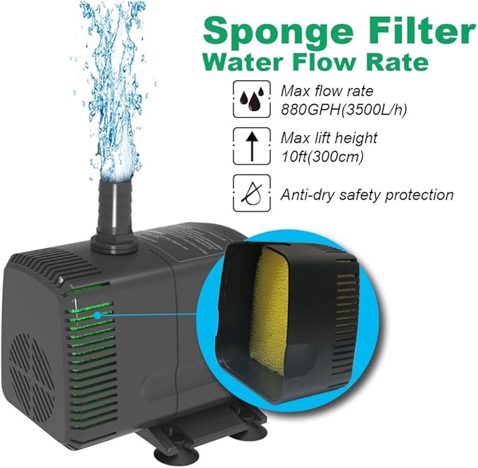 Submersible Pump 880GPH (3500L/H 60W) Ultra Quiet with Dry Burning Protection 10.2ft High Lift for Fountains, Hydroponics, Ponds, Aquariums & More…