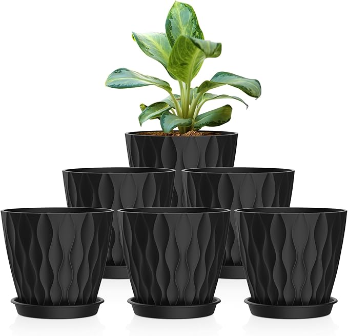 6 Pack 4 Inch Small Plant Pots with Saucers, 3D Textured Plastic Planters with Drainage Holes for Indoor and Outdoor Plants, Flowers, Herbs, Succulents, and Seedlings,Blue