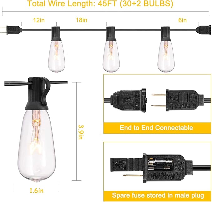 GOOTHY Outdoor String Lights 45Ft ST40 Vintage Patio Lights with 32 Edison Bulb (2 Spare), Backyard Lights UL Listed for Indoor Outdoor Party Balcony Markets Garden Decor, 7W/ E17 Screw Base- Black
