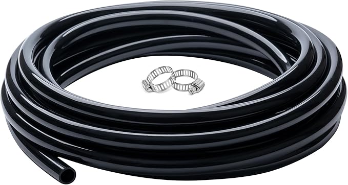 1/2" id - 25ft Black Vinyl Tubing Flexible PVC Tube Hybrid Hose Transfer Water Fuel Gas for Pond Fountain Garden Waterfall, Durable and Safe, with 2 Hose Clamps