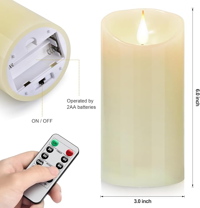 Flameless Flickering Battery Operated Candles 2pack Real Wax Pillar LED Candles with 10-Key Remote Control and 24 Hours Timer for Wedding, Party, Birthday,Home Decoration (Ivory)