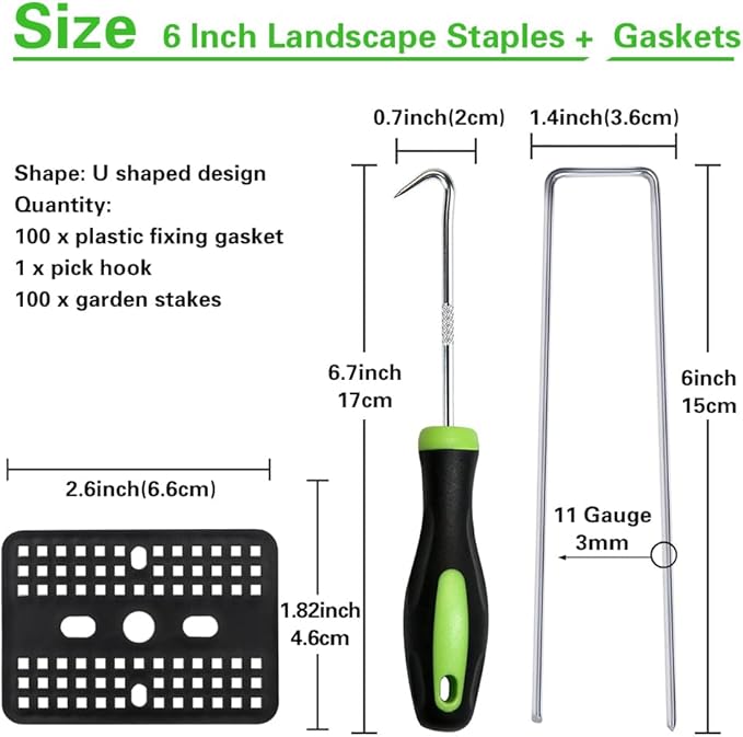 Bakulyor 100 Pcs Landscape Staples + 100 Pcs Gasket, 6 Inch Garden Stakes Staples 11 Gauge U Shaped Galvanized Lawn Landscape Pins, Heavy Duty Yard Ground Pin for Weed Barrier Sod Fabric Decorations
