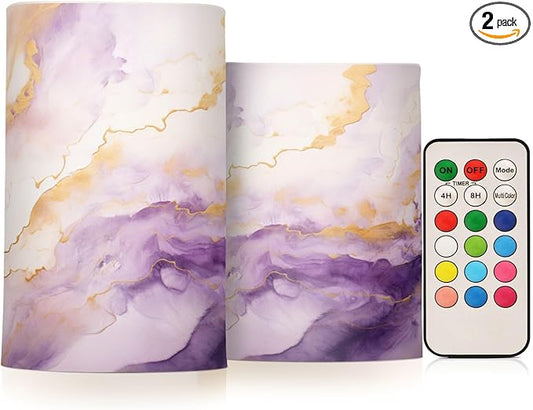 Flickering Flameless Candles, Purple Gold Marble LED Candles with Remote Timer, Set of 2 Battery Operated Candle for Valentine Wedding Birthday