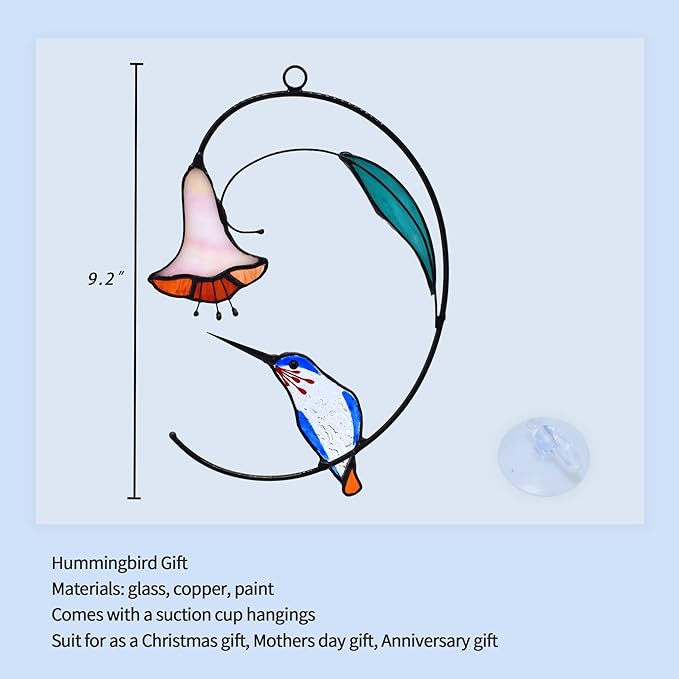 Lolitarcrafts Hummingbird with Flower Stained Glass Suncatcher Bird Stained Glass Window Hangings Hummingbird Gift for Home Decor (Blue)