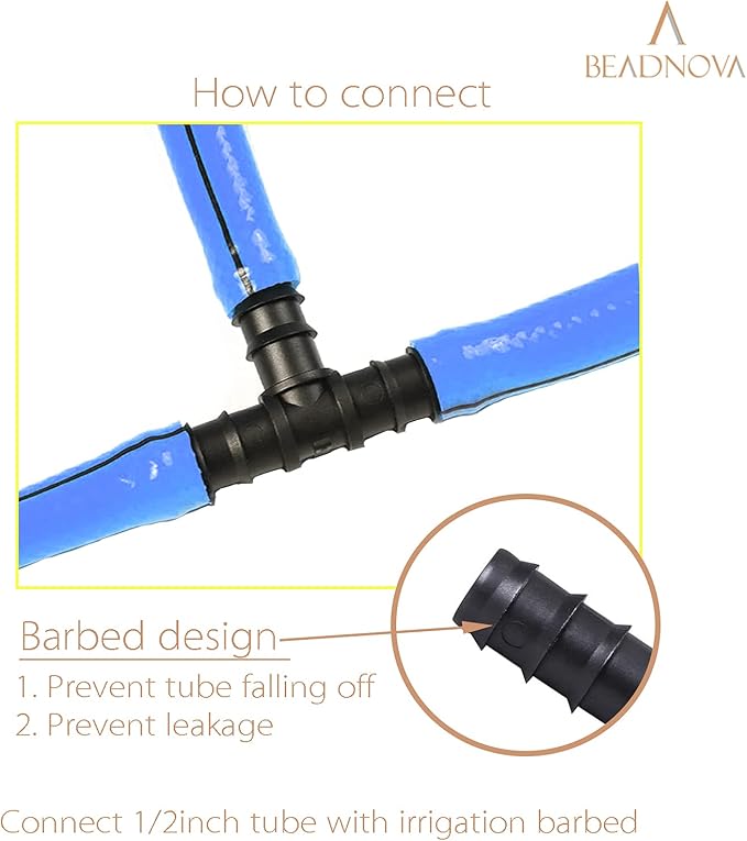 BEADNOVA Drip Irrigation Parts 10 Pcs 1/2 Inch Barbed Tee Couplings Drip Irrigation Fittings Drip Line Connectors for 1/2 Inch Irrigation Tubing Garden Watering System (10pcs)