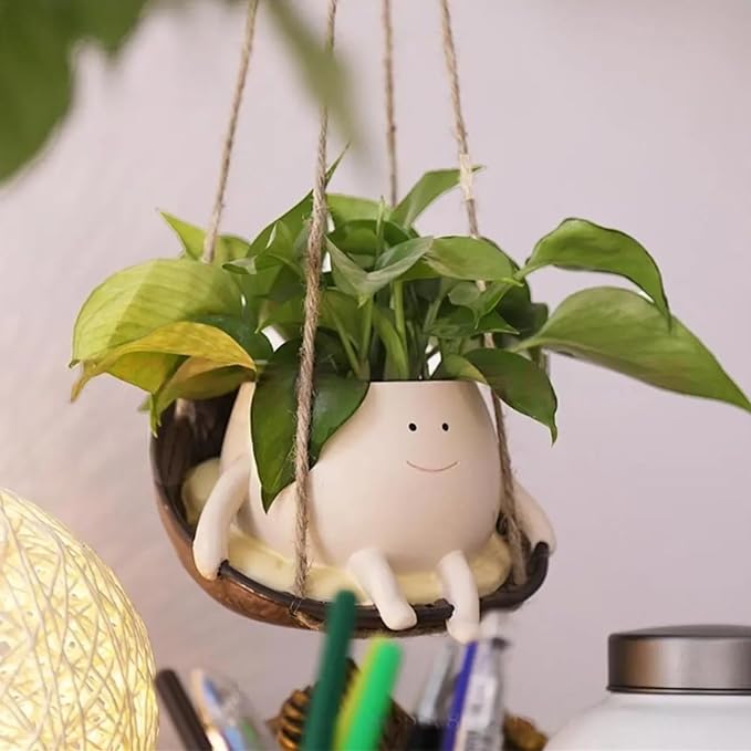Small Swing Face Hanging Planter Pot for Indoor Outdoor Plants, Cute Swinging Plant Pot, Hanging Flower Pots, Face Planter Pot Head, Valentines Day Gifts for Her(Swing Basket)